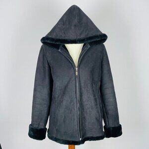 Vintage 90s Y2K Esprit Faux Suede Fur Coat Jacket Sz M Black Hood Penny Lane